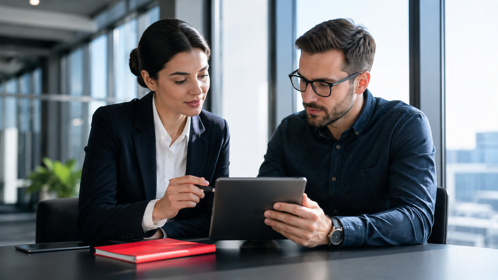 Two coworkers review a tablet together at a desk in an office, with a red notebook beside them.
