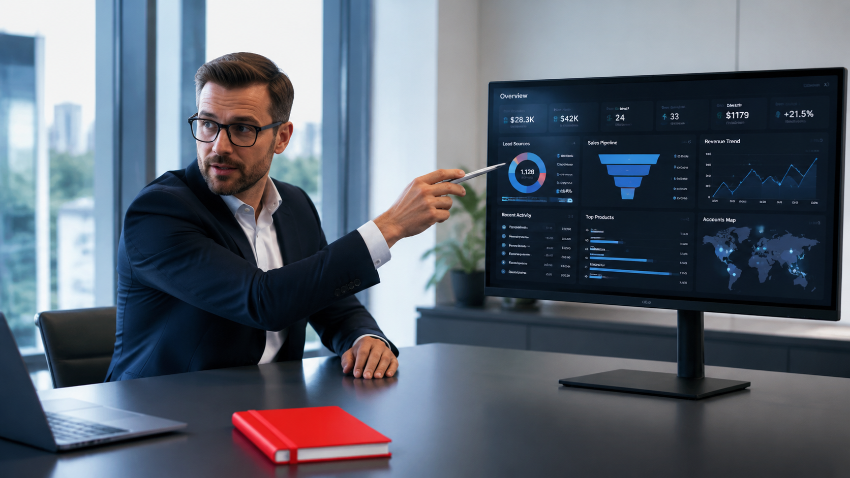 Man in a suit pointing at a dashboard on a widescreen monitor in an office, with a red notebook on the desk