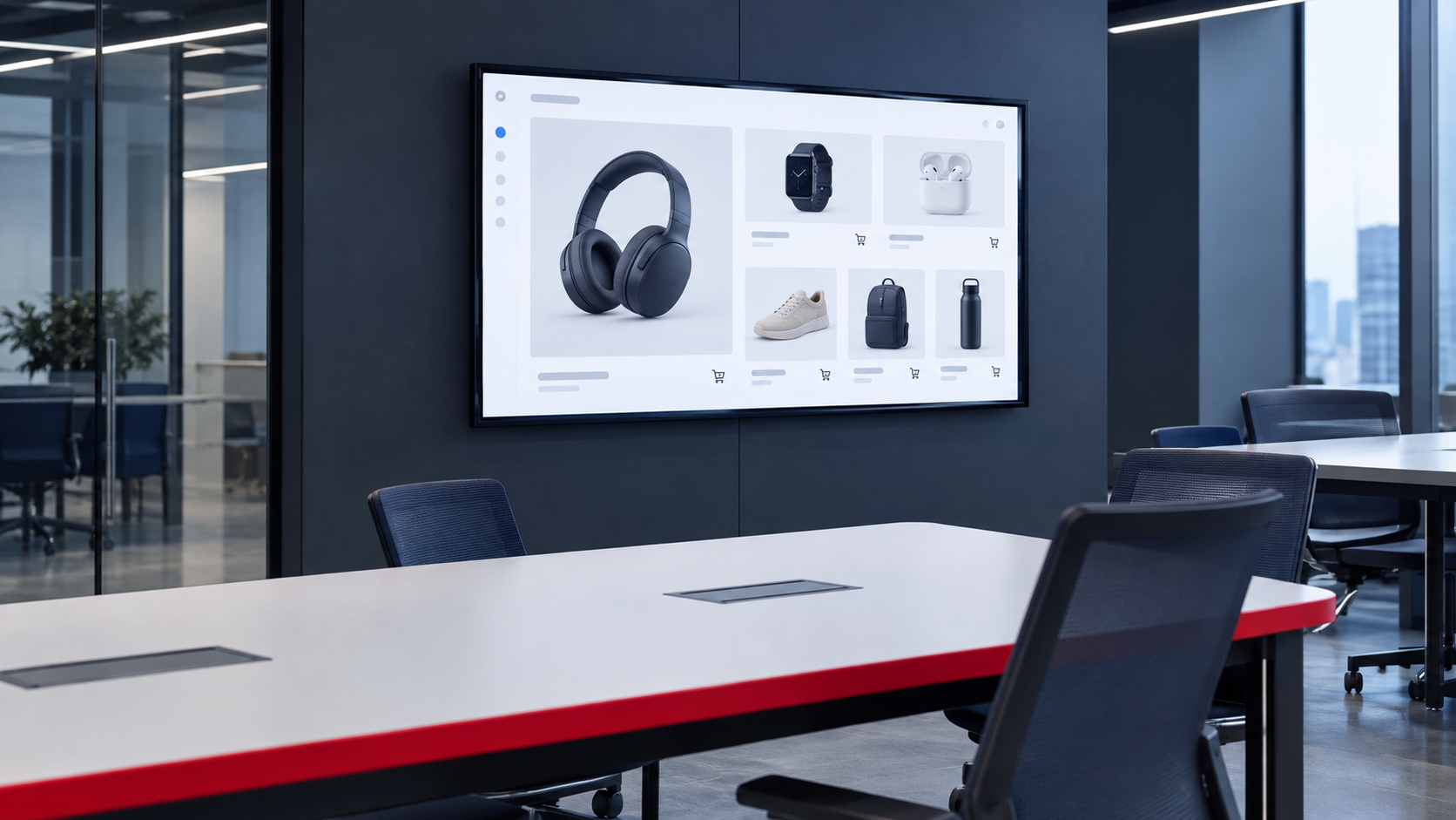 Modern conference room with a wall display showing headphones and product images above a long table