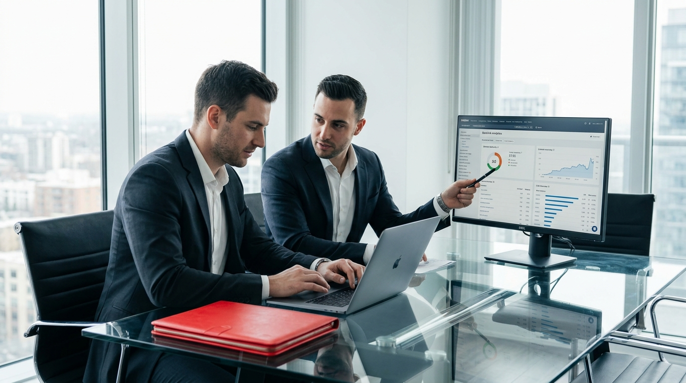 Two businesspeople review charts at a glass office desk with a laptop and monitor