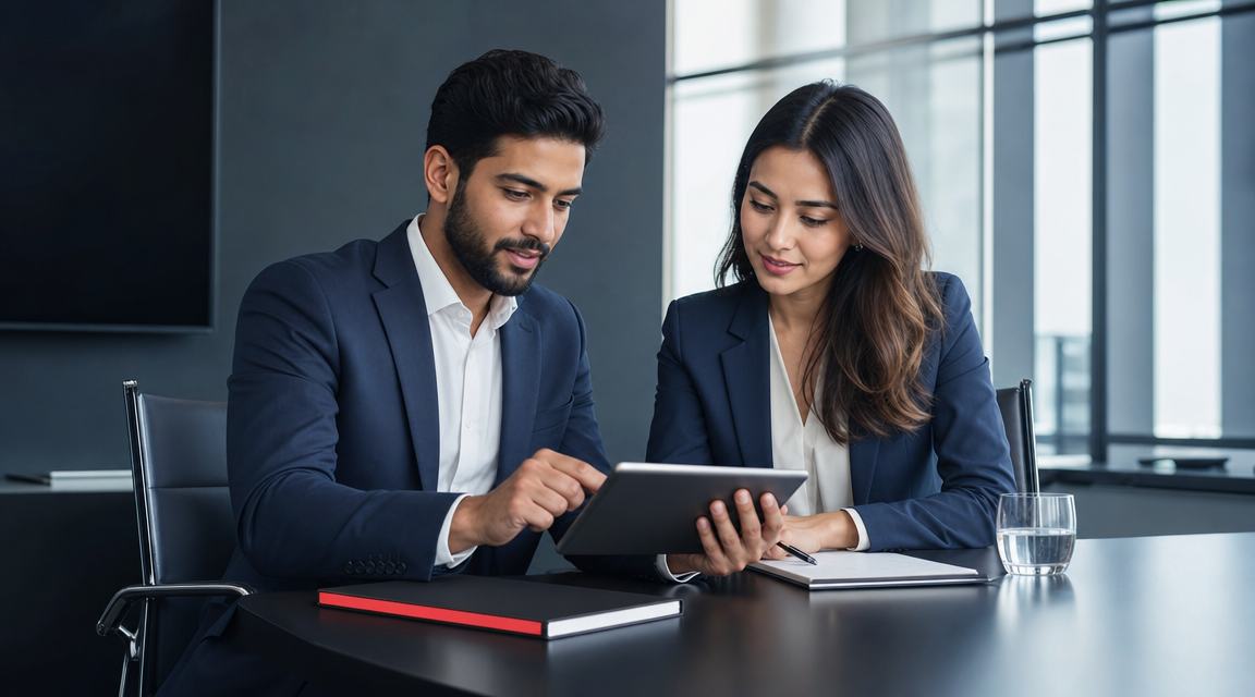 Two coworkers reviewing a tablet at a conference table in a modern office.