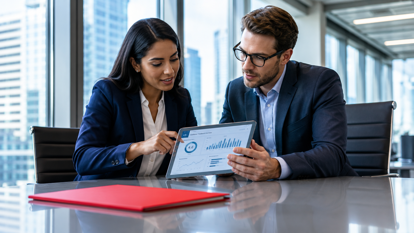 Two business professionals review a document at a conference table, with a red folder in the foreground.
