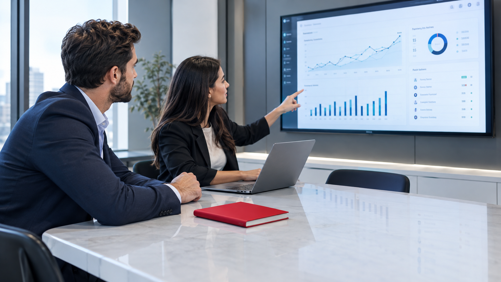 Two coworkers review sales charts on a large screen in a conference room.