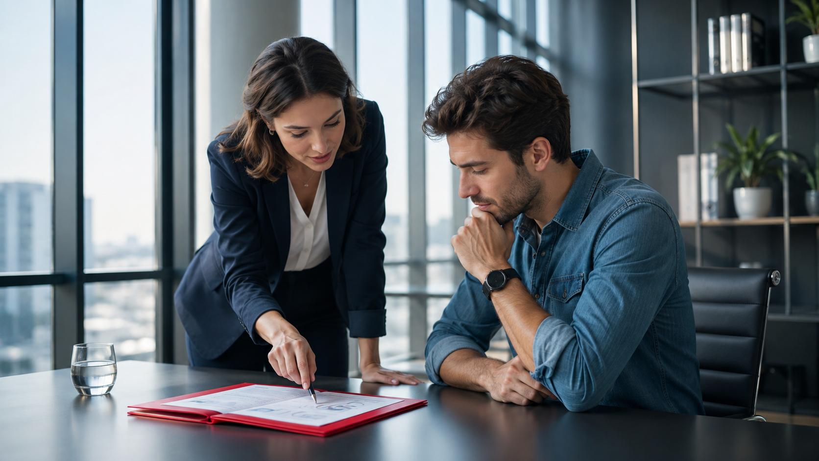 Two coworkers reviewing documents at a desk in a modern office
