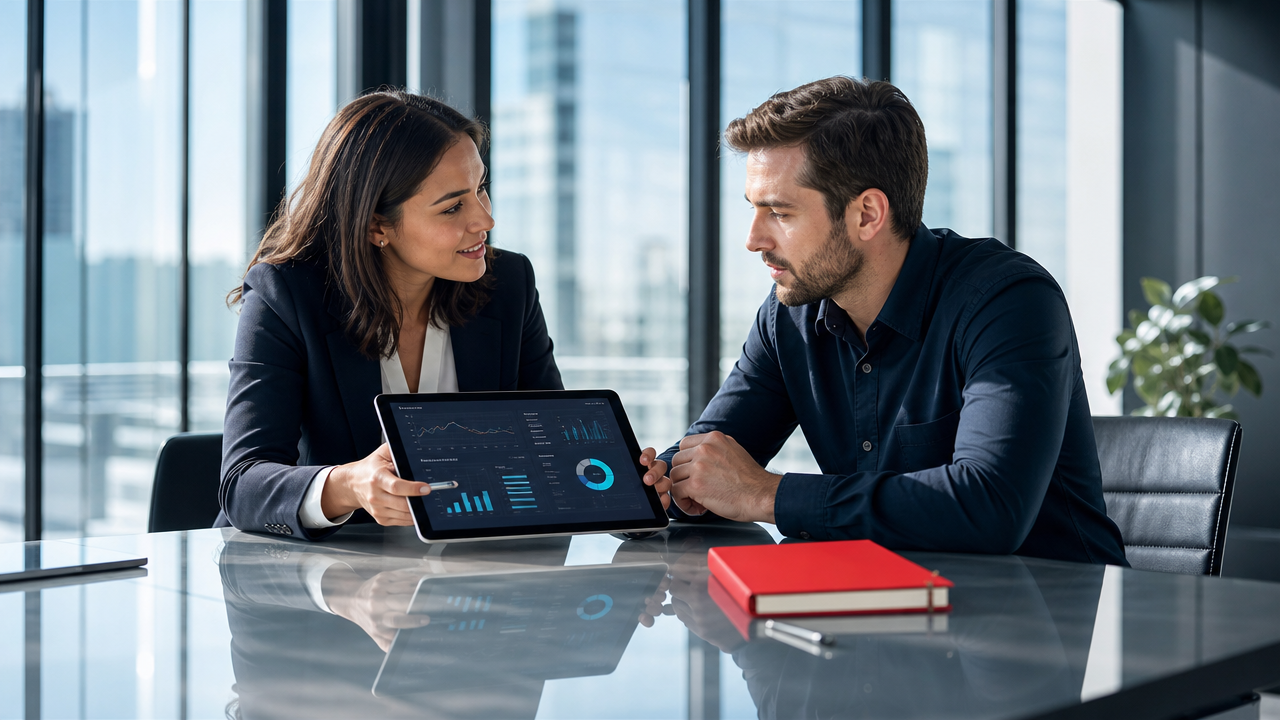 Two colleagues discuss a tablet at a glass table in a bright office, with a red notebook nearby.