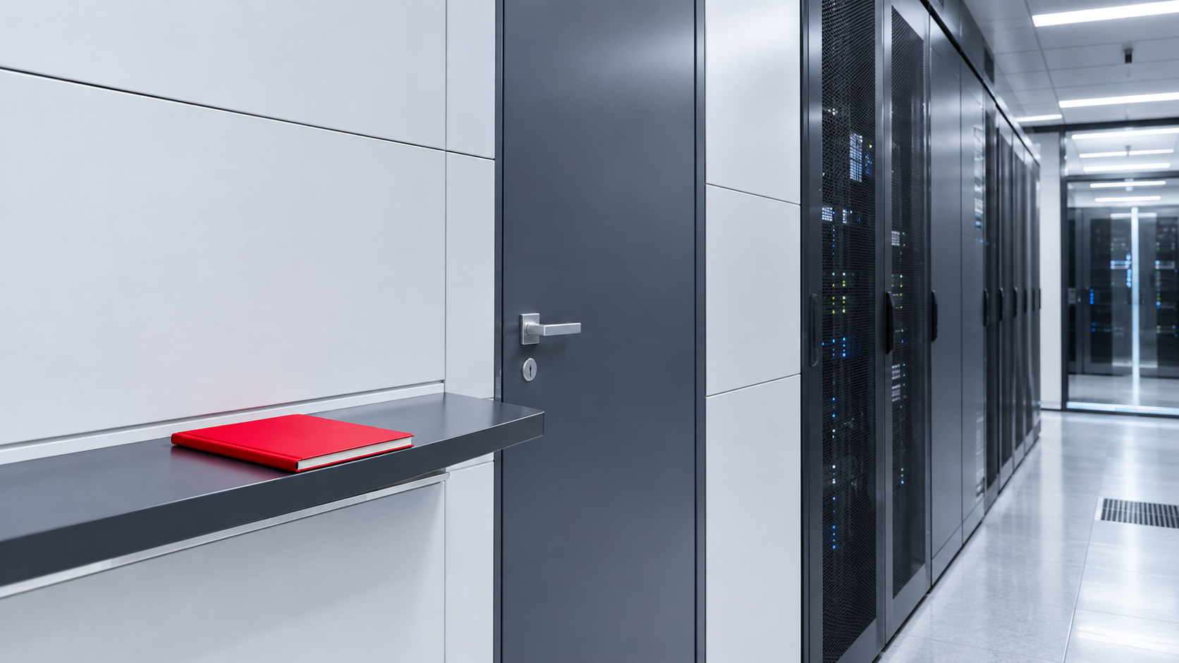 Modern server room corridor with glass racks, a closed gray door, and a red folder on a counter