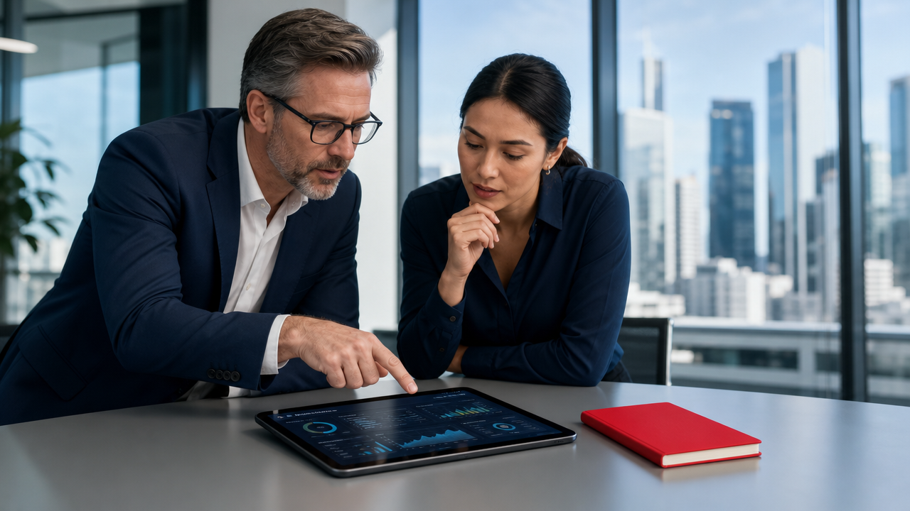 Two coworkers reviewing a tablet at a conference table, with a red notebook in a modern office.