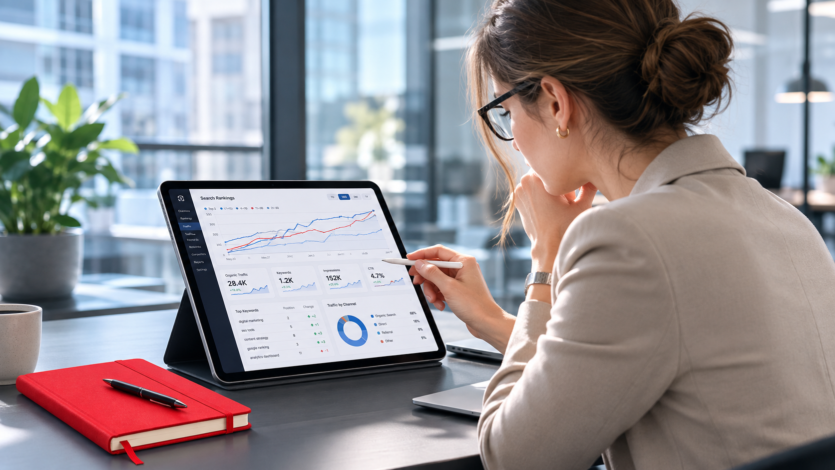 Person using a tablet at a desk in a bright office, reviewing charts beside a red notebook.