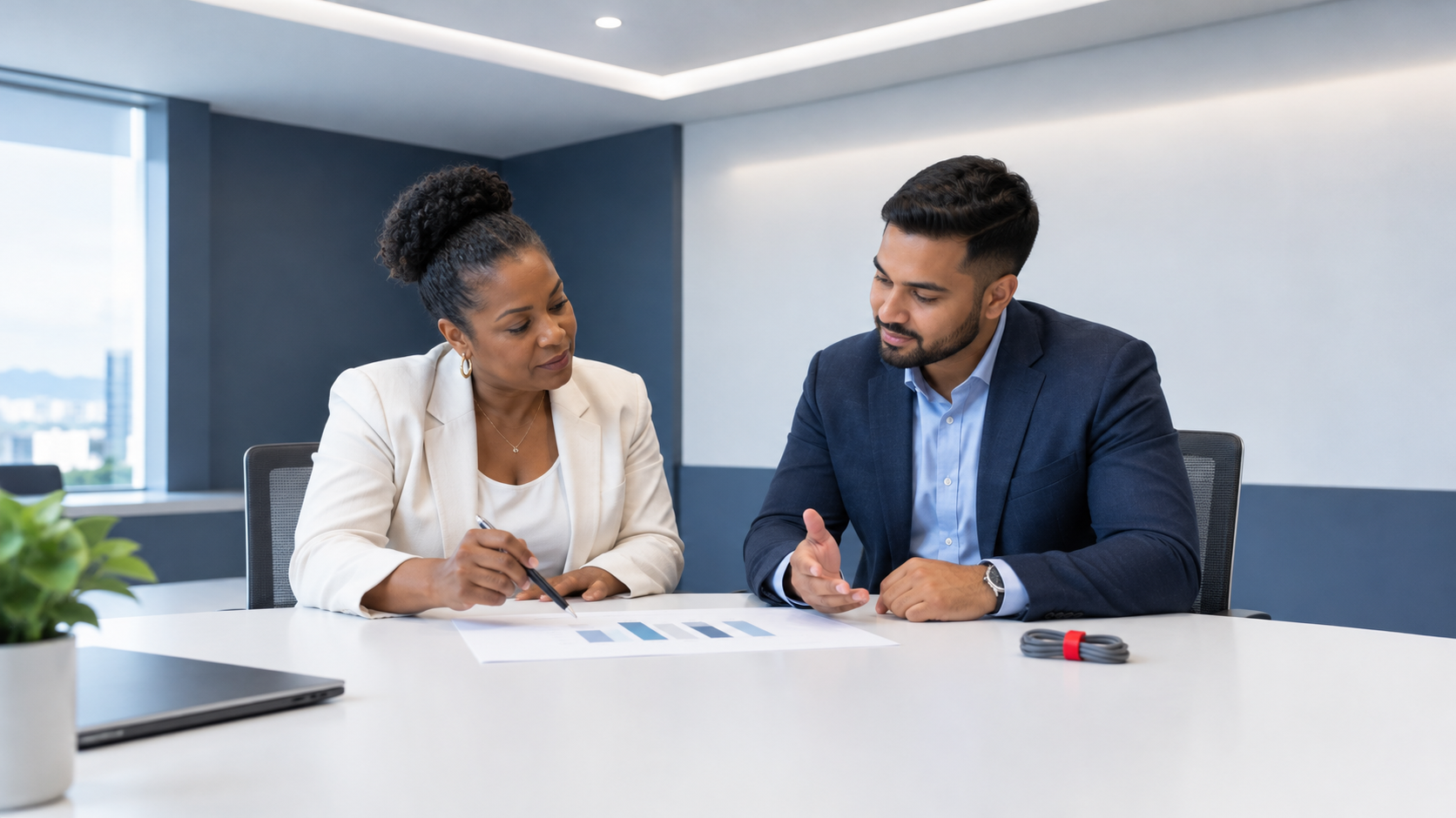 Two colleagues in a meeting room reviewing documents at a table, with a laptop and markers nearby.