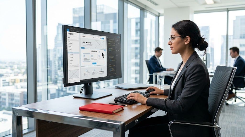 Office worker typing at a desktop computer in a bright modern workspace with large windows.