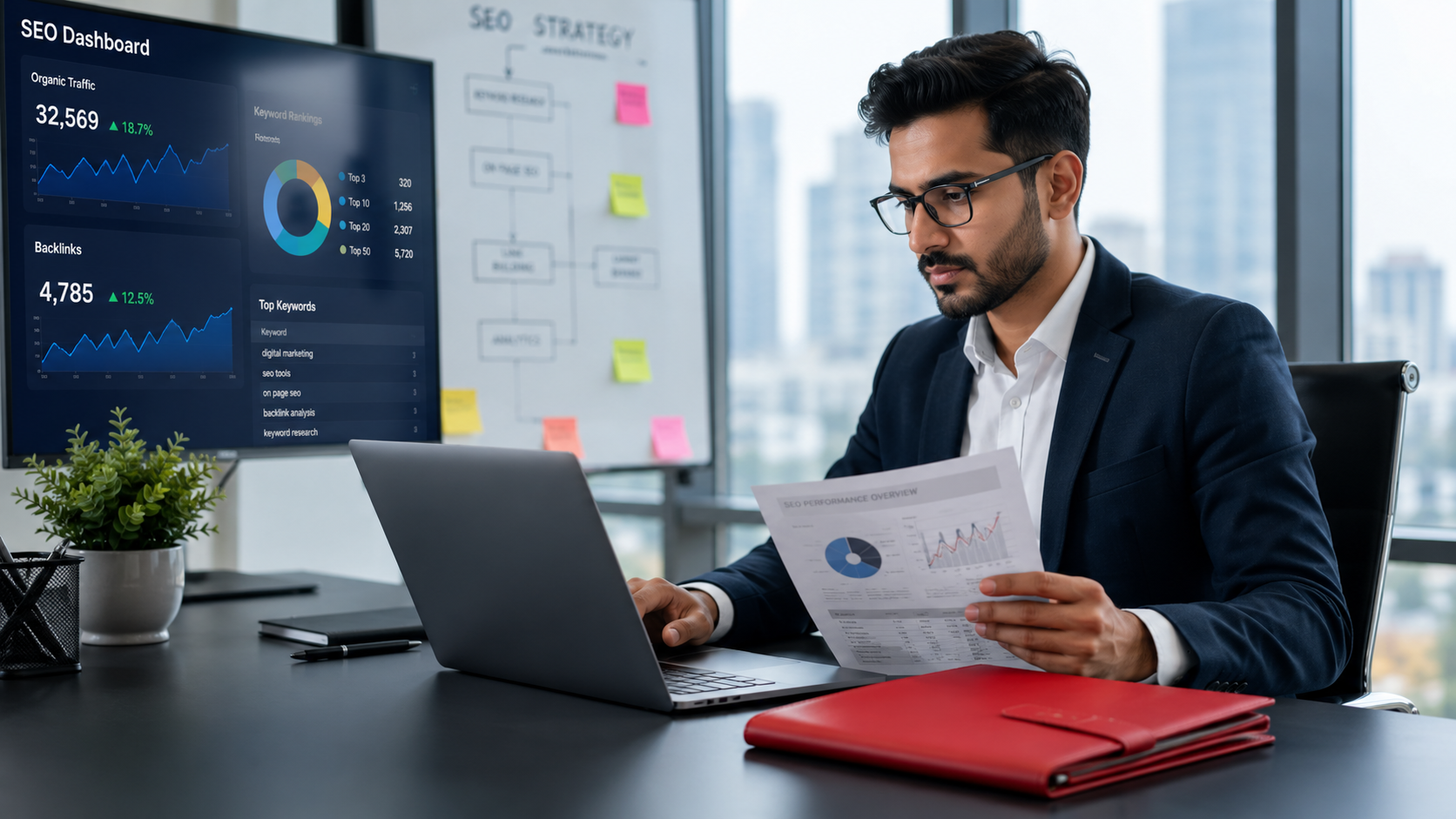 Business professional reviewing documents at a laptop in a modern office with data dashboard on a large screen.