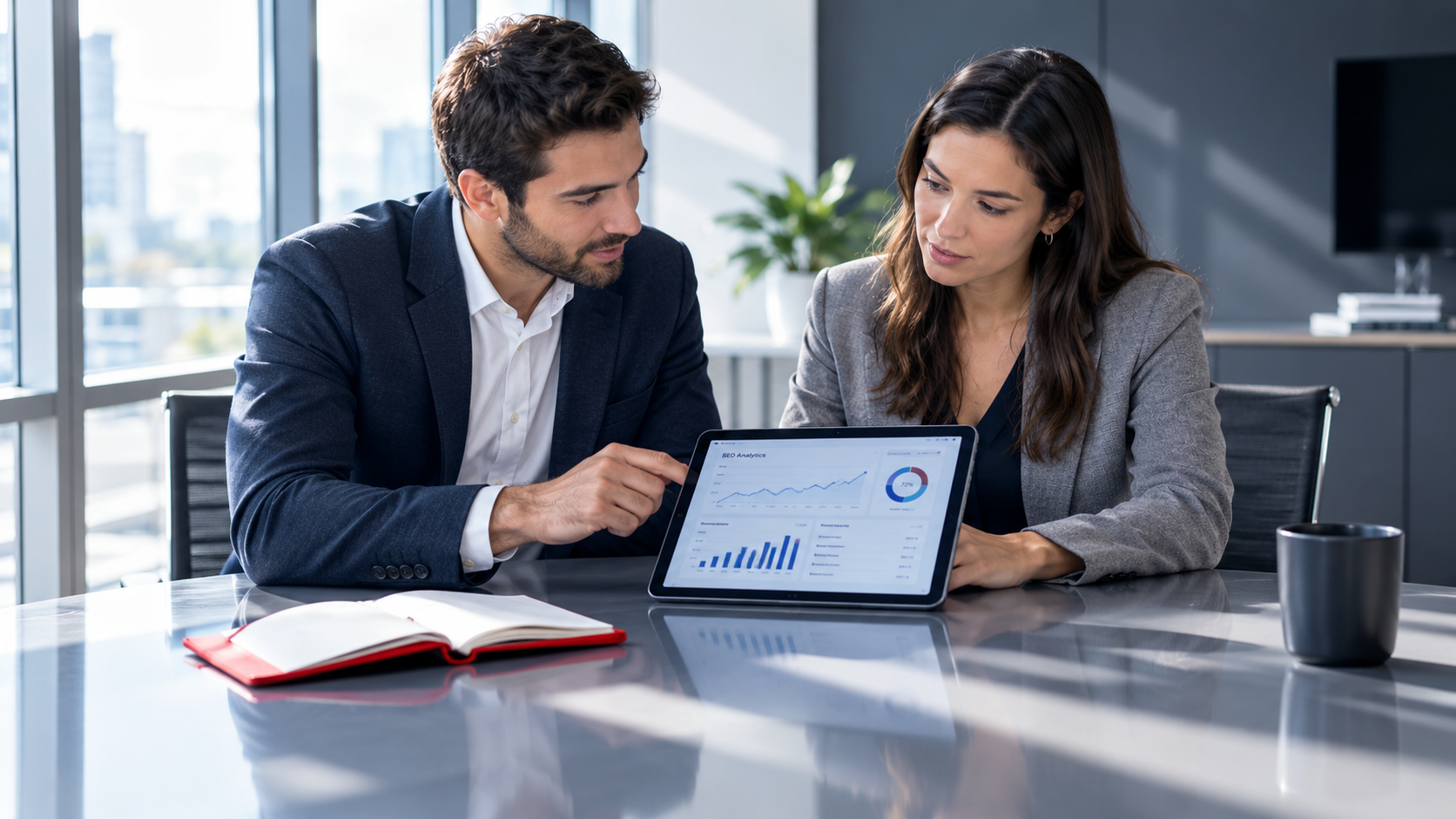 Two coworkers review a laptop at a conference table in a bright office