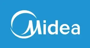 Midea logo in white on a blue background