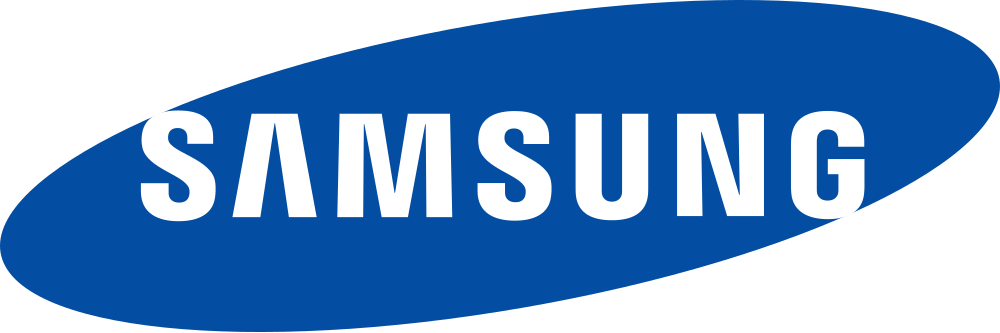 Samsung logo in white on a blue oval background