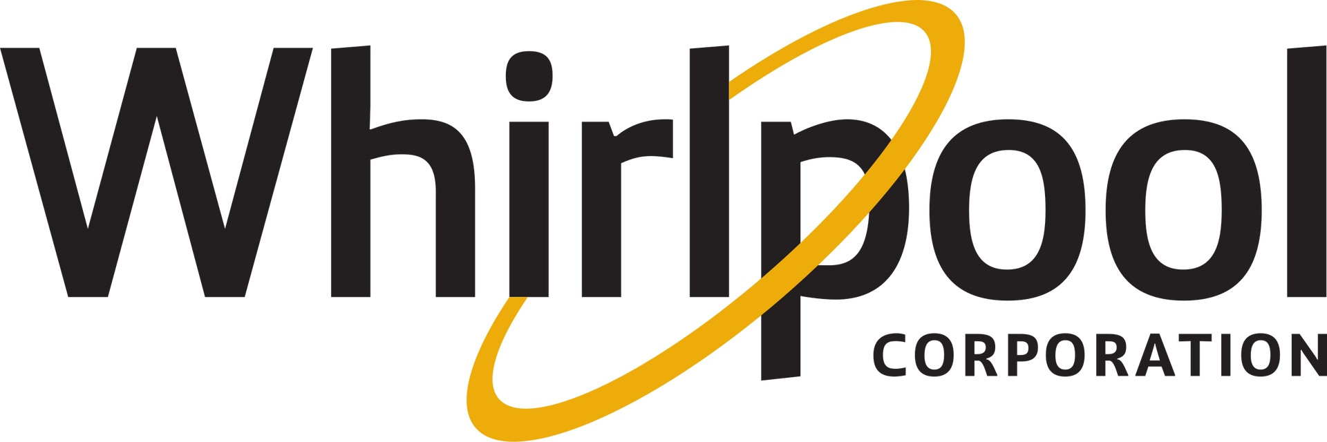 Whirlpool Corporation logo in black with a gold swoosh around the “p”