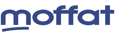 Blue “moffat” logo with a curved underline on a white background