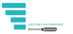 Factory authorized logo with teal bars and a black screwdriver icon