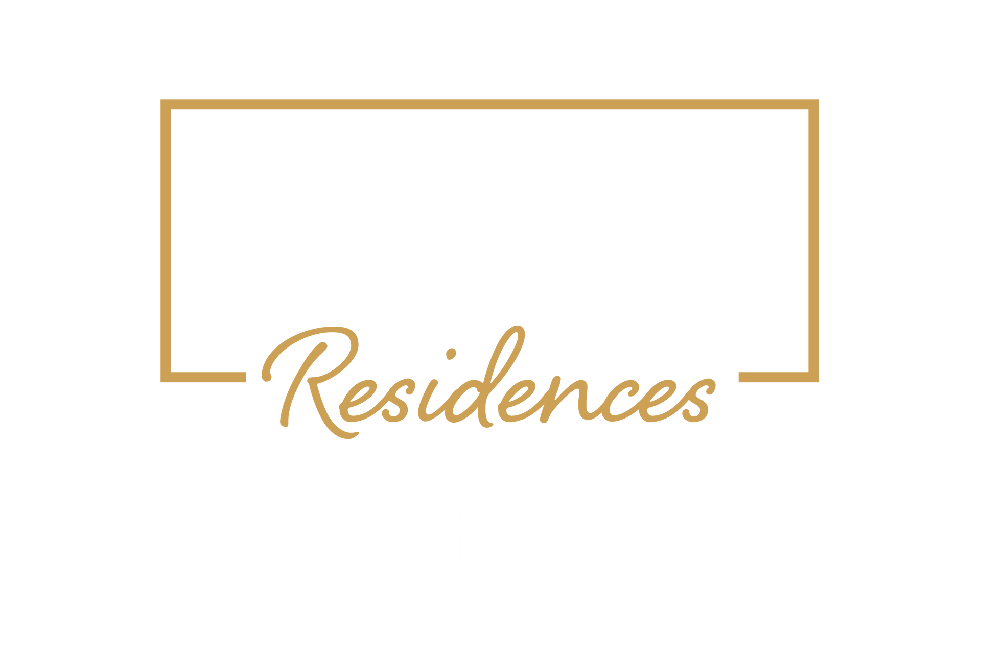 Gold-outlined rectangle above the word &ldquo;Residences&rdquo; in gold script on a white background