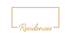 Gold-outlined rectangle above the word “Residences” in gold script on a white background