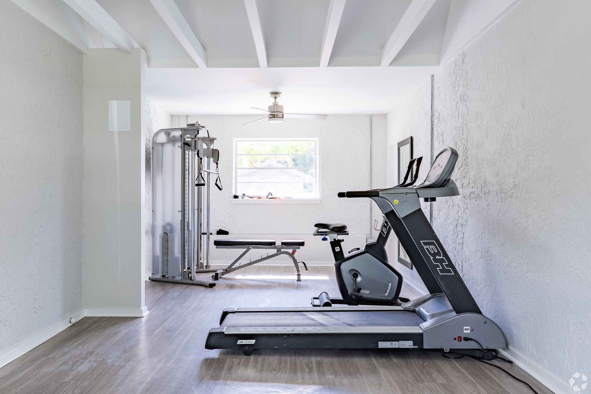 Bright home gym with treadmill, exercise bike, weight bench, and cable machine in a white room.