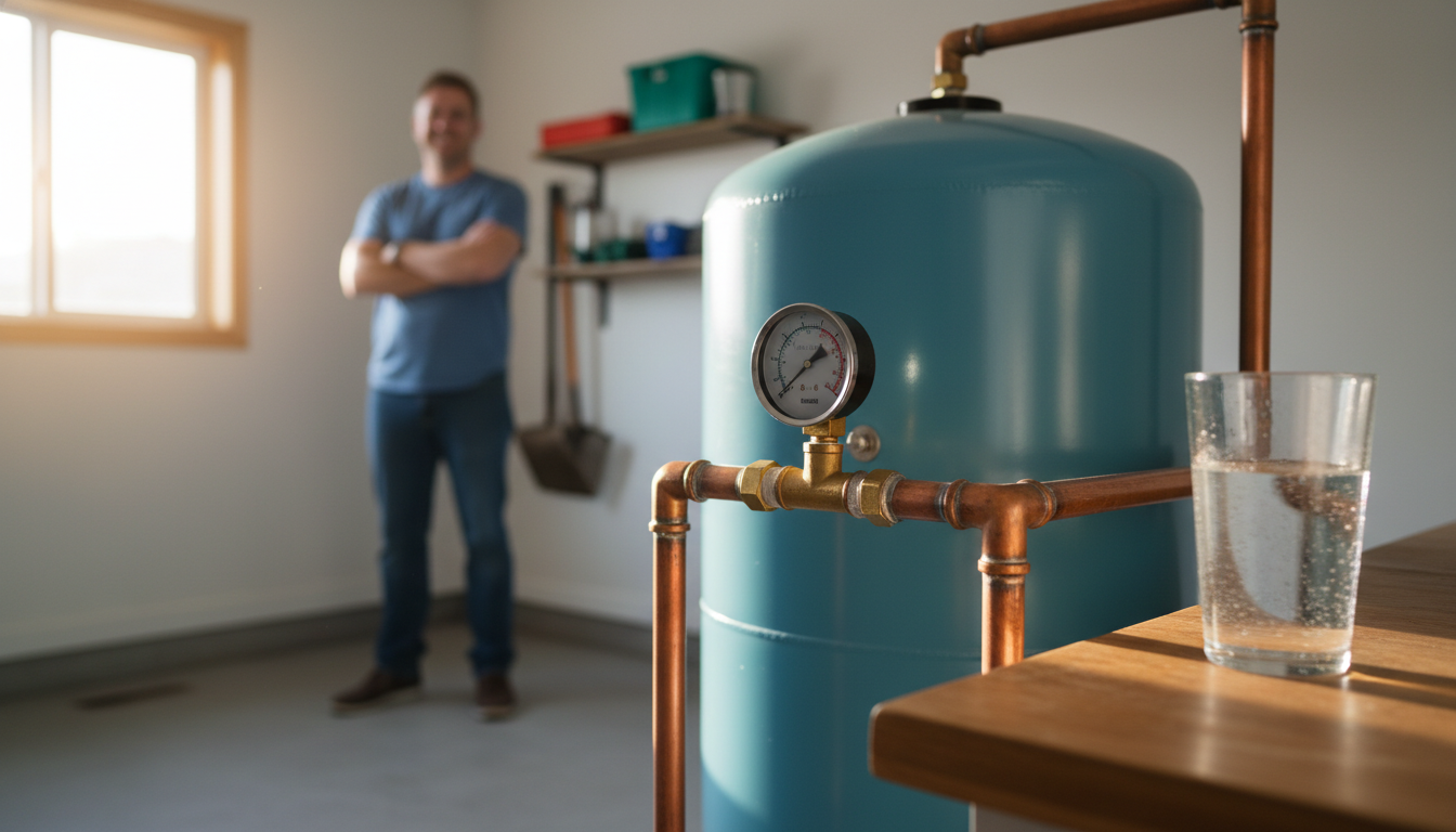 A blue water tank with a pressure gauge sits in a room with copper piping next to a glass of water, with a person behind.