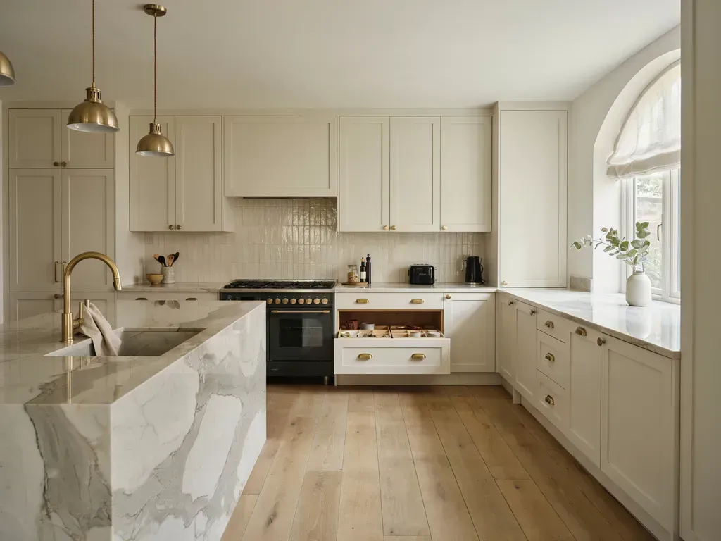 Bright, modern white kitchen with marble island, brass fixtures, and large arched window