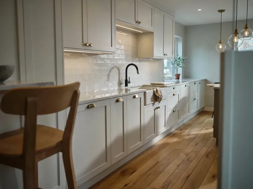 Bright white kitchen with cabinets, marble backsplash, black faucet, and wooden chair on a hardwood floor.