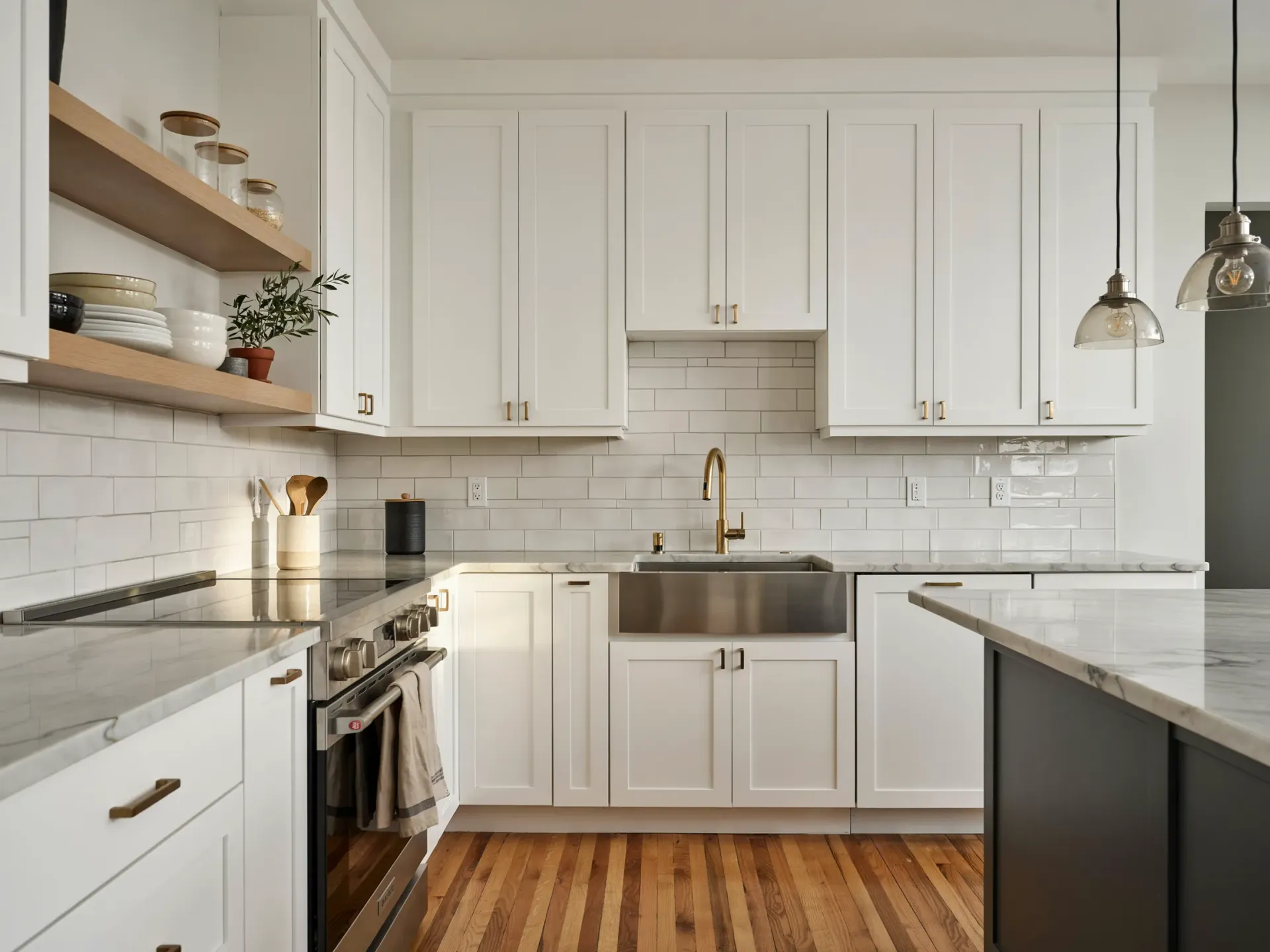 Bright white modern kitchen with marble counters, subway tile backsplash, wood shelves, and stainless appliances