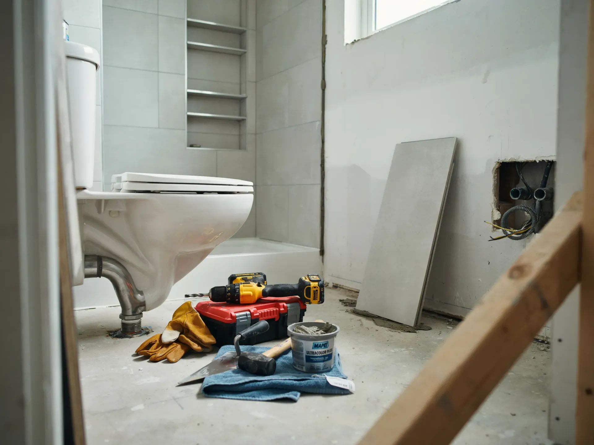 Partially renovated bathroom with tools, materials, and a sink installed; unfinished walls and floor.