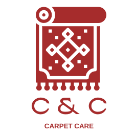 A red and white logo for c & c carpet care.