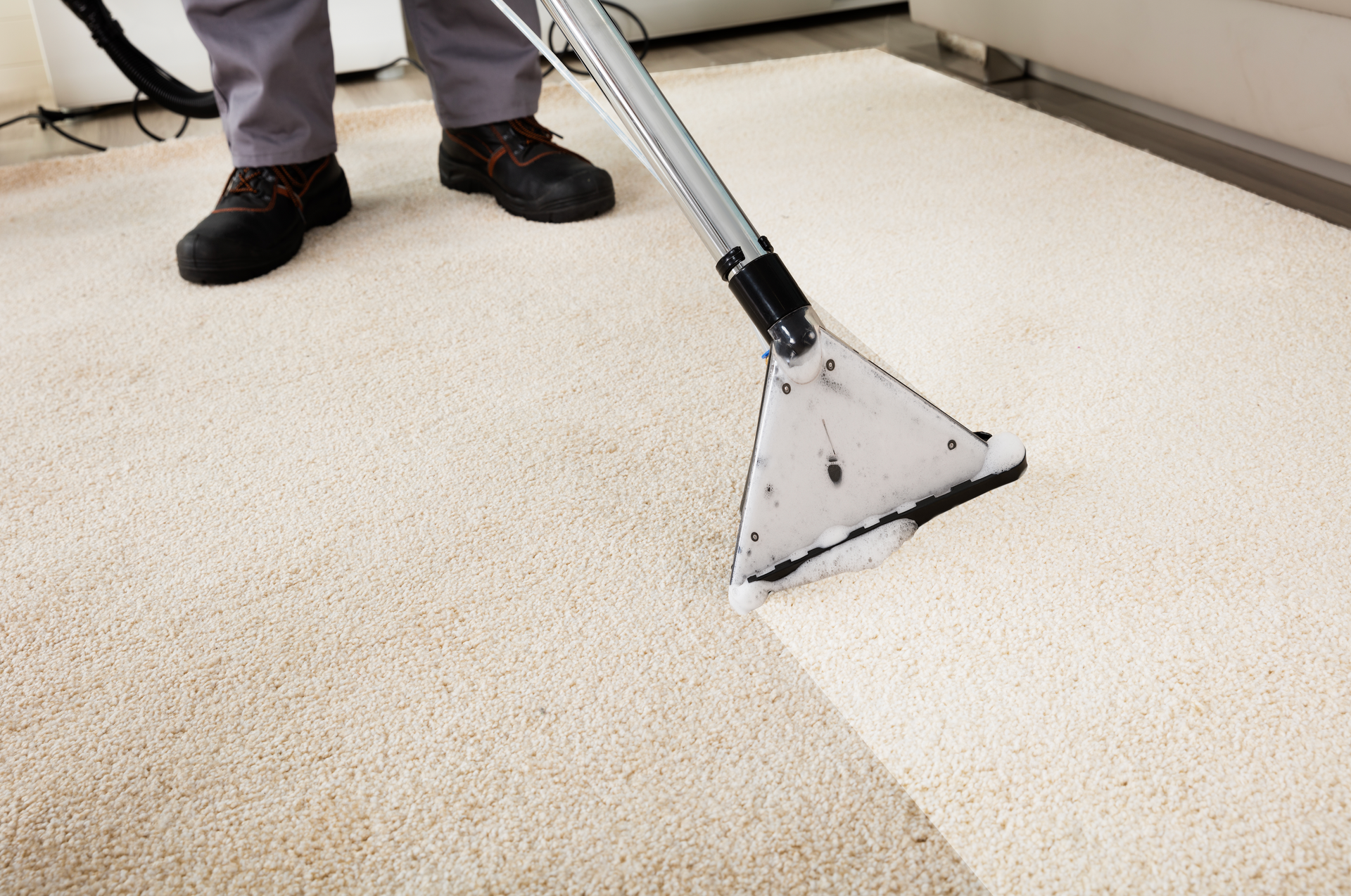 A person is cleaning a carpet with a vacuum cleaner.