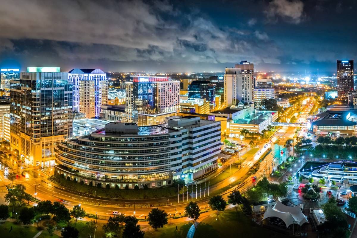 Aerial shot of Norfolk, Virginia (VA), at night