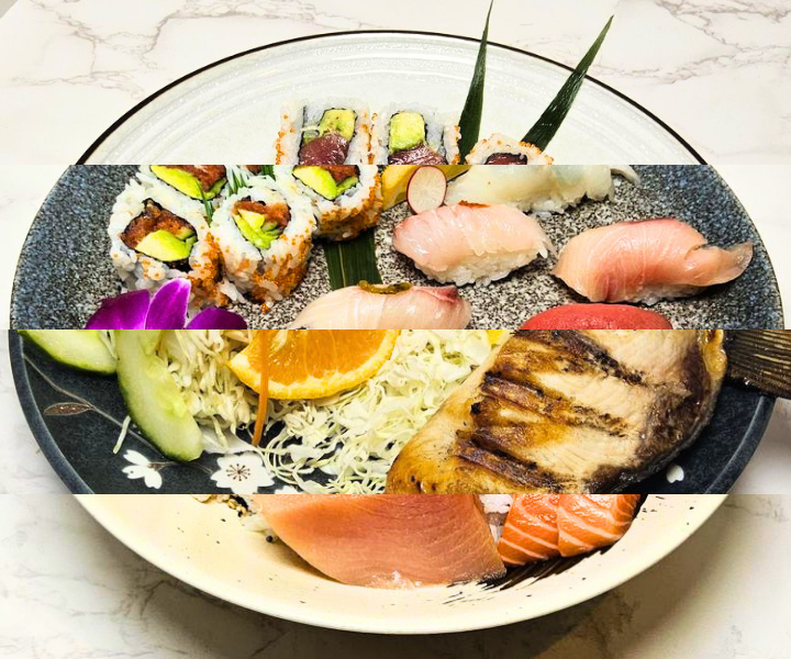 Assorted sushi platter with salmon, tuna, and vegetable rolls on a white plate