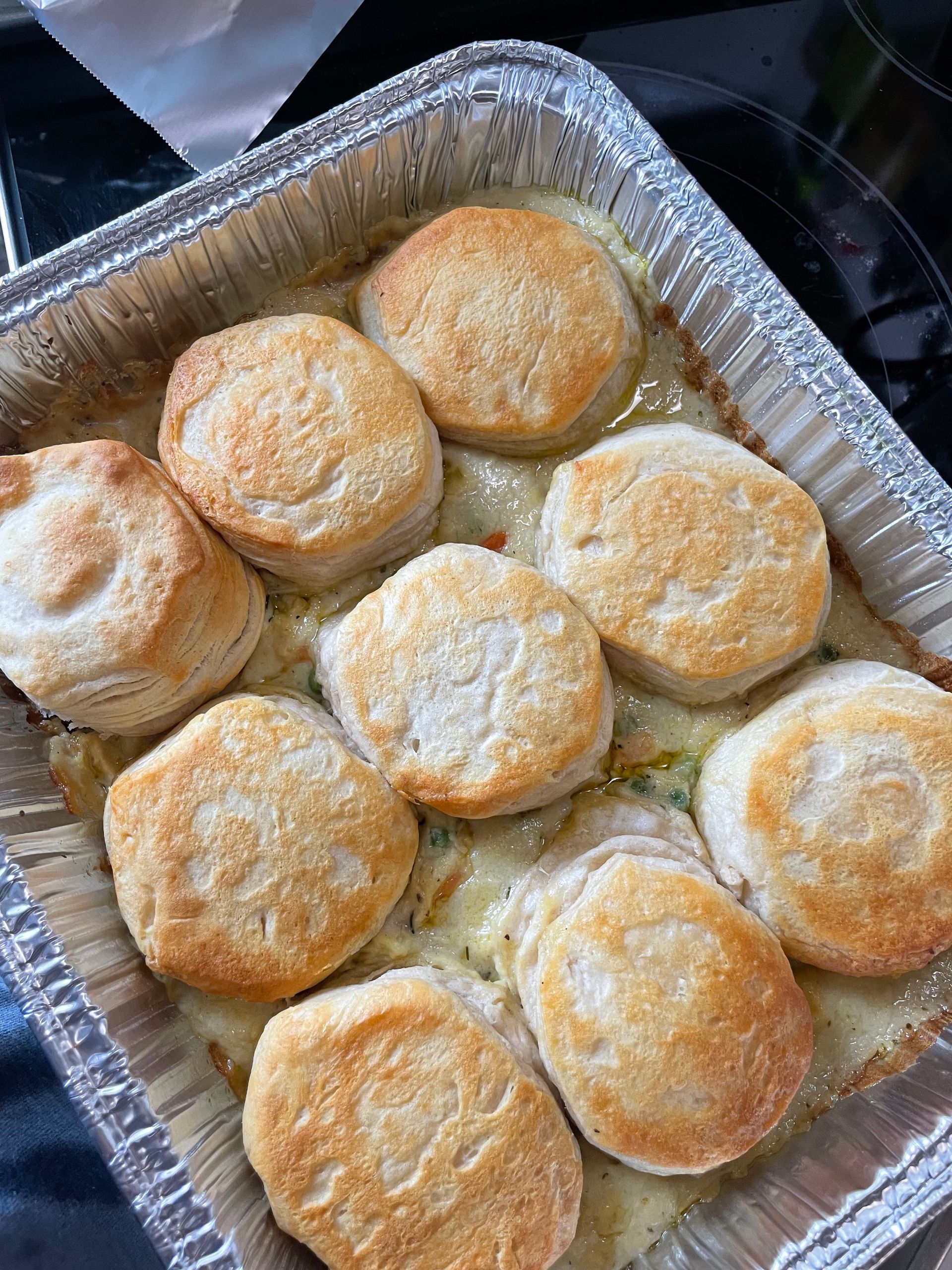 Homemade chicken pot pie prepared for a client's meal service.