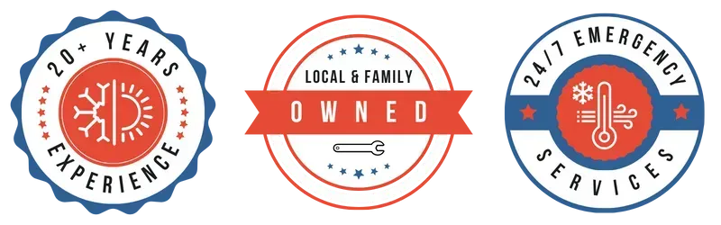 Logos for a local HVAC company, showcasing 20+ years of experience, local/family ownership, and 24/7 emergency services.