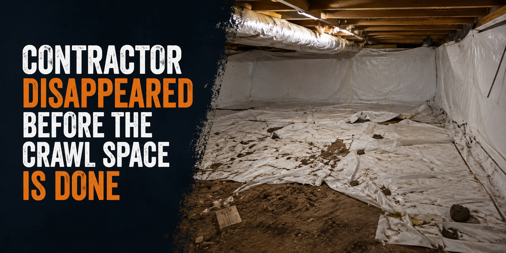 Damaged crawl space with torn insulation and dirt, overlaid text: