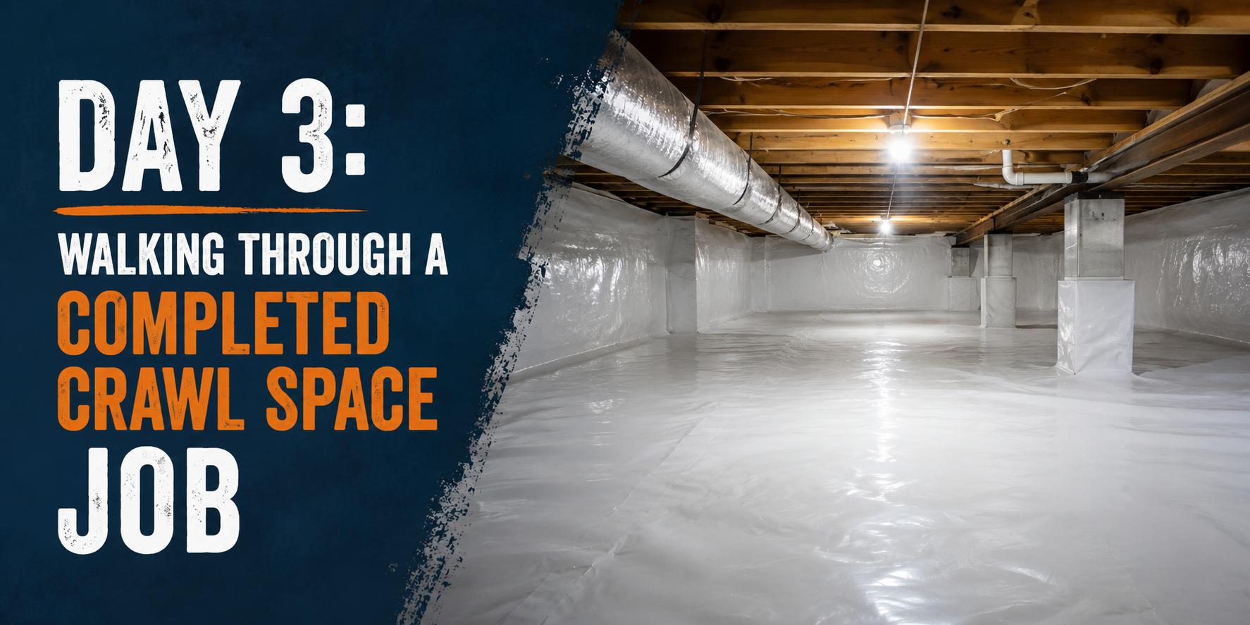 Text overlay: “Day 3 walking through a completed crawl space job” over a bright crawl space interior