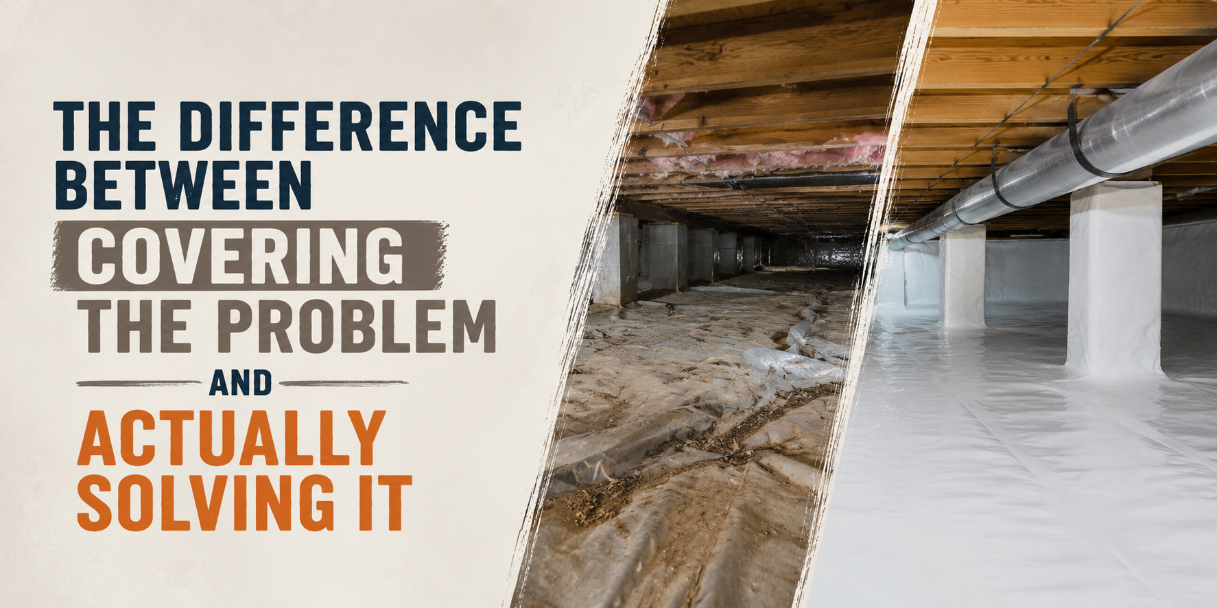 Text says “The difference between covering the problem and actually solving it” beside damaged and repaired concrete floors.