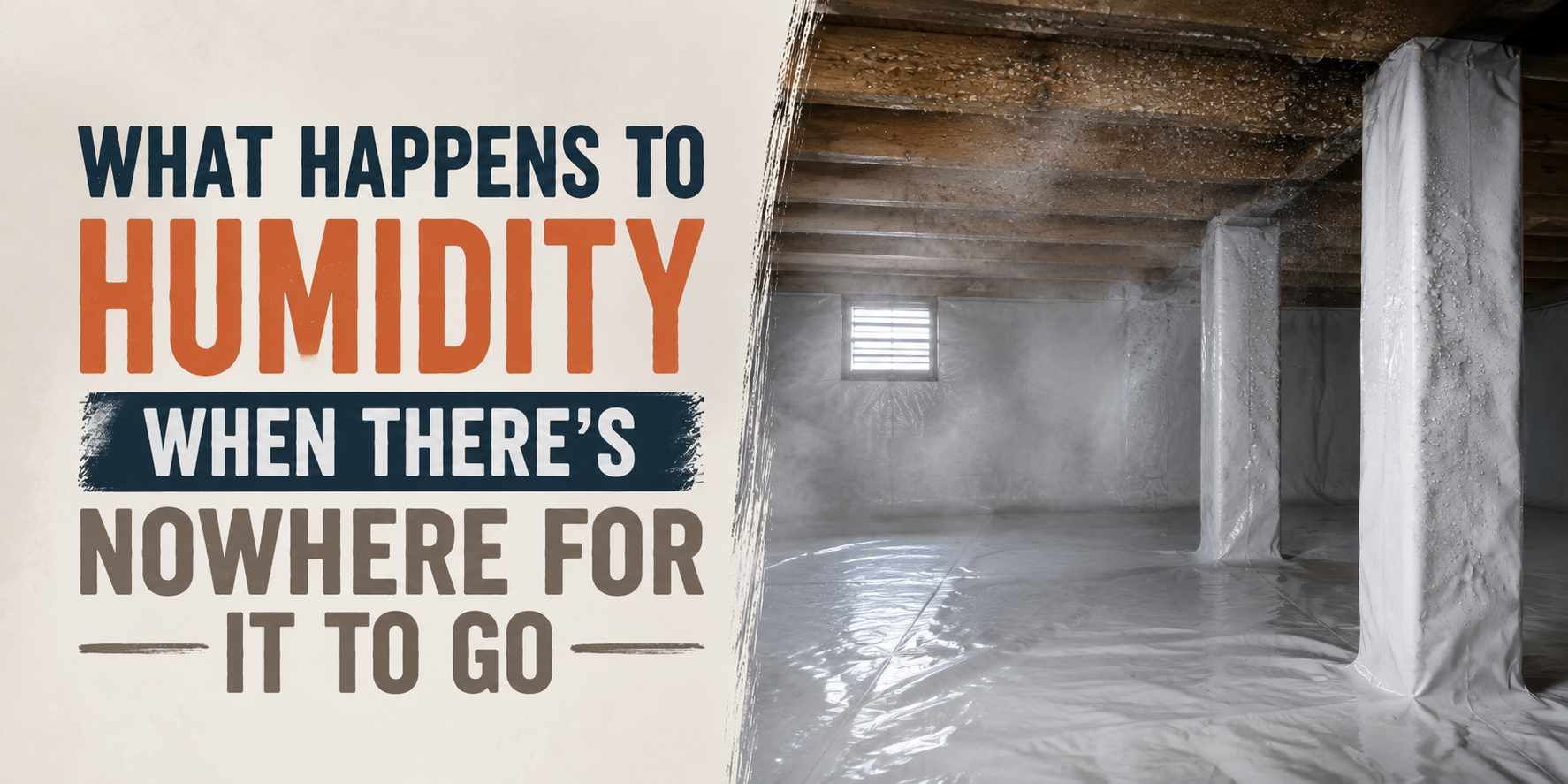Flooded basement with bold text: “What happens to humidity when there’s nowhere for it to go”