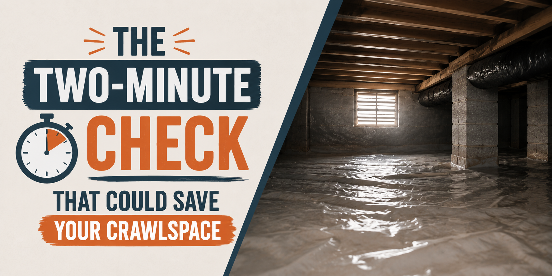 Flooded crawlspace with text: “The Two-Minute Check That Could Save Your Crawlspace.”