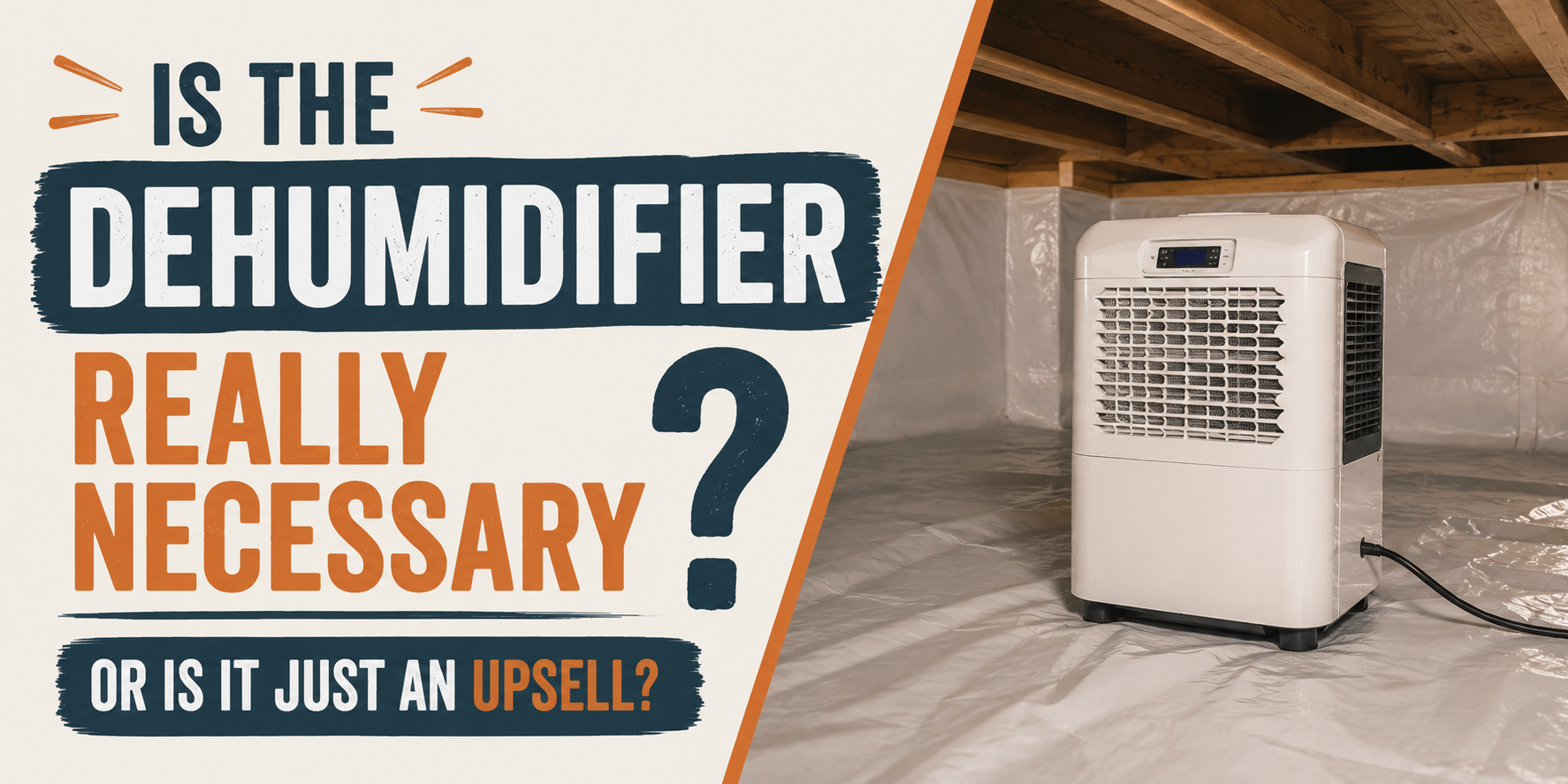 Graphic asking “Is the dehumidifier really necessary?” beside a white dehumidifier on a concrete floor