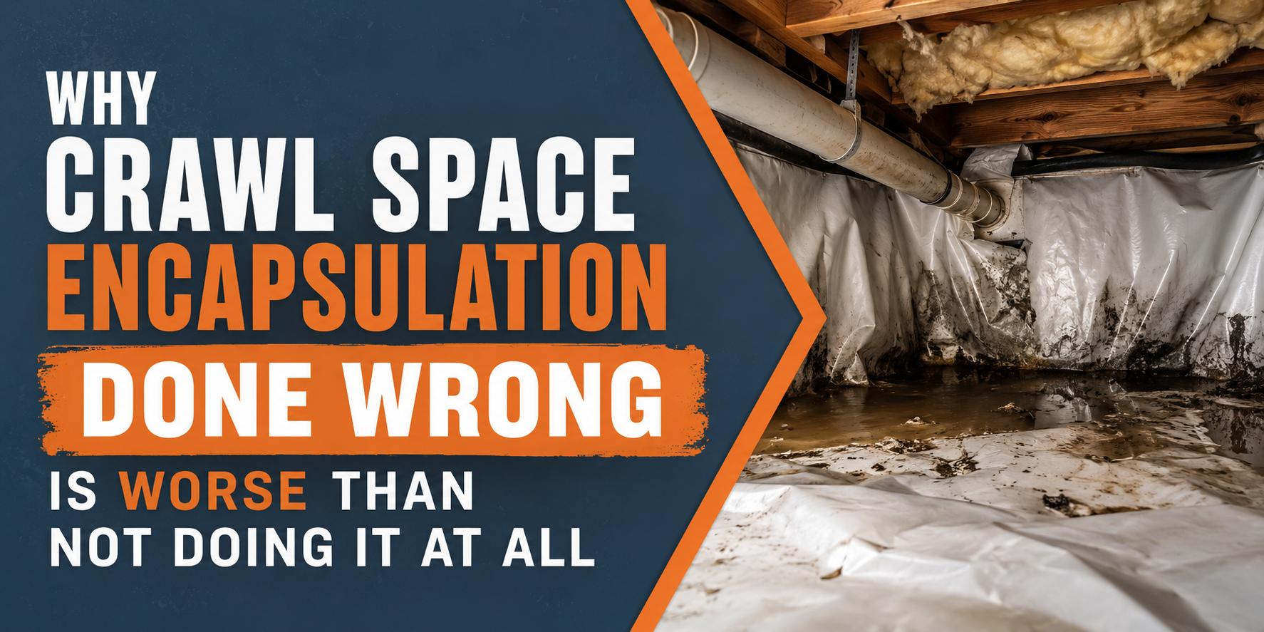 Crawl space with exposed insulation and orange text: “Why crawl space encapsulation done wrong is worse than not doing it at all.”