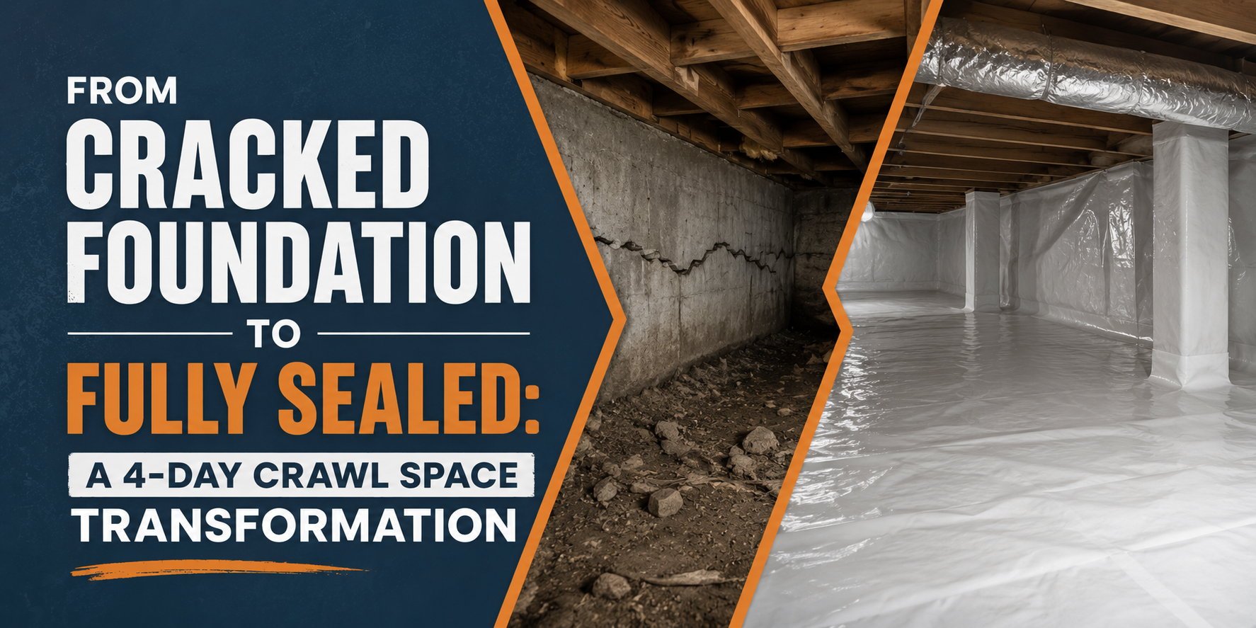 Cracked foundation to fully sealed crawl space transformation with split view and bold text.