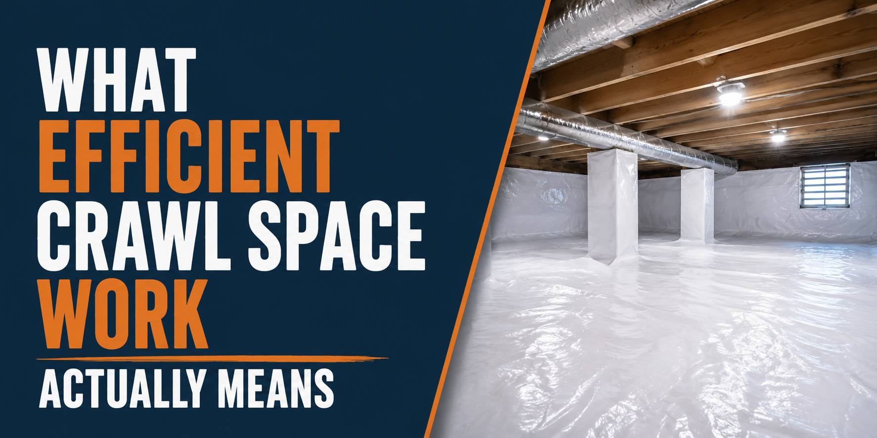 Promotional graphic for efficient crawl space work with a clean, white crawlspace interior and bold text.