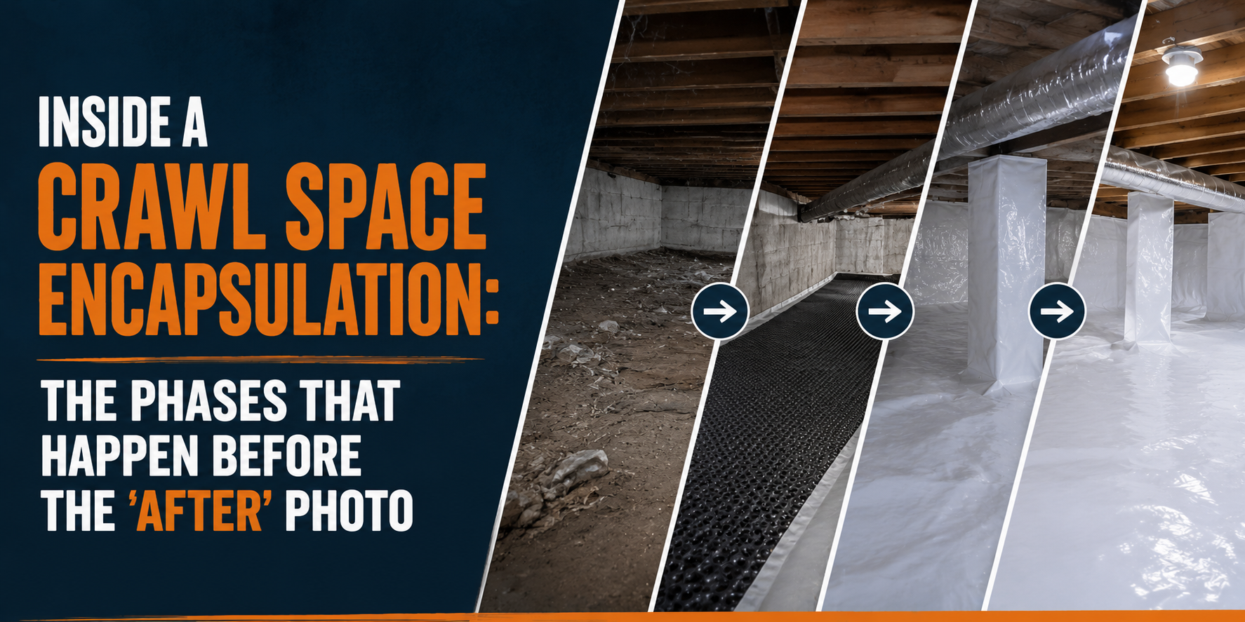 Crawl space encapsulation graphic with before-and-after phases and moisture barrier installation shown in sections