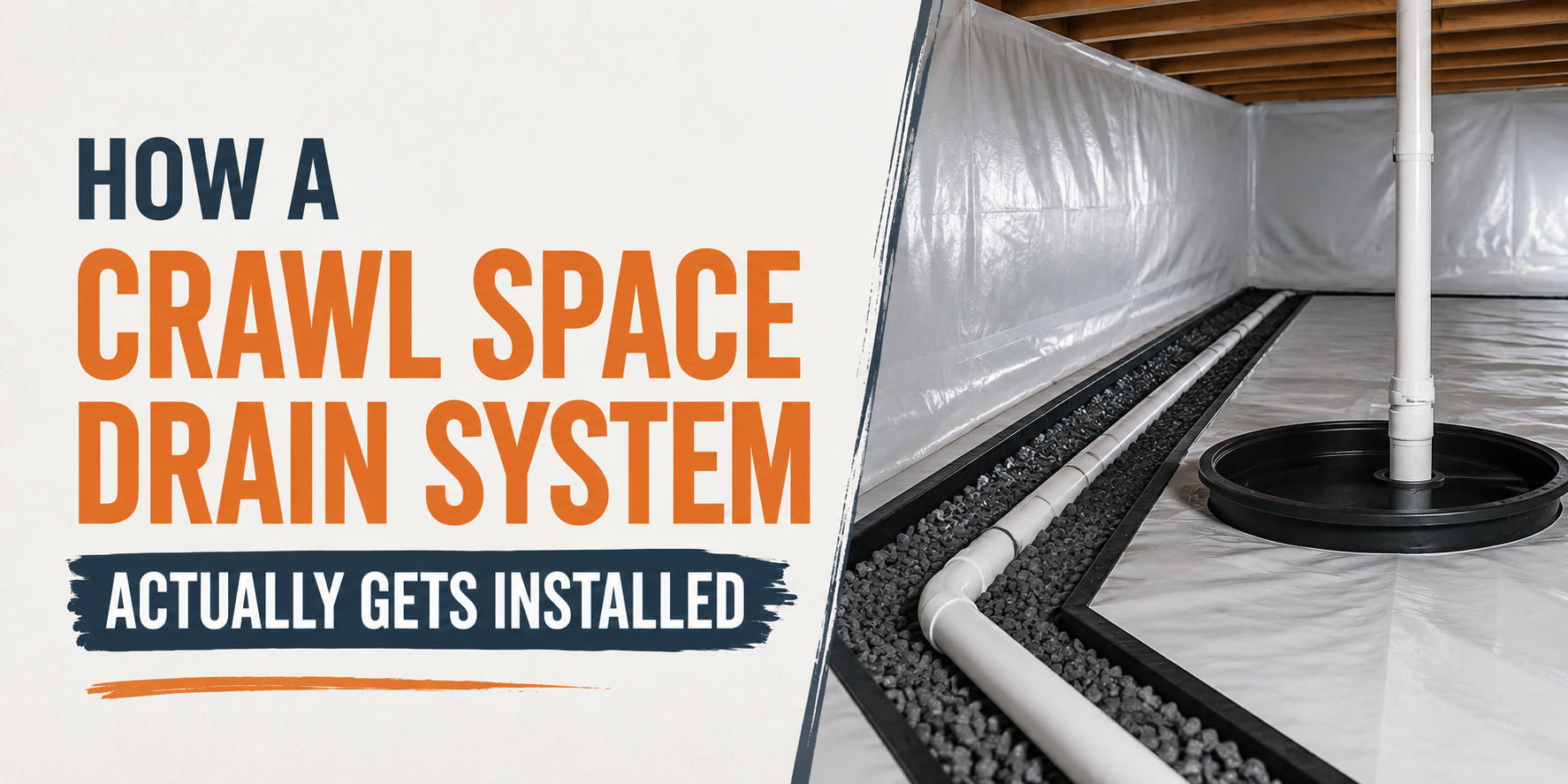 Crawl space drain system installed beside a white vapor barrier, with text “How a Crawl Space Drain System Actually Gets Installed.”
