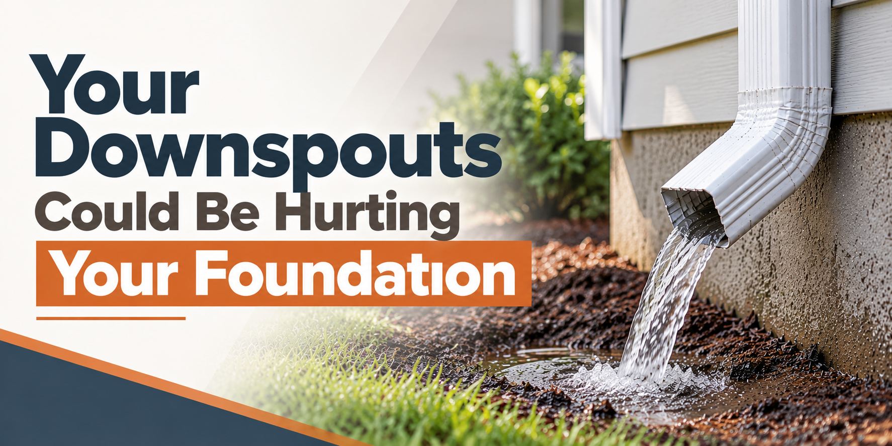 Downspouts draining water beside a house foundation, with text: “Your Downspouts Could Be Hurting Your Foundation”