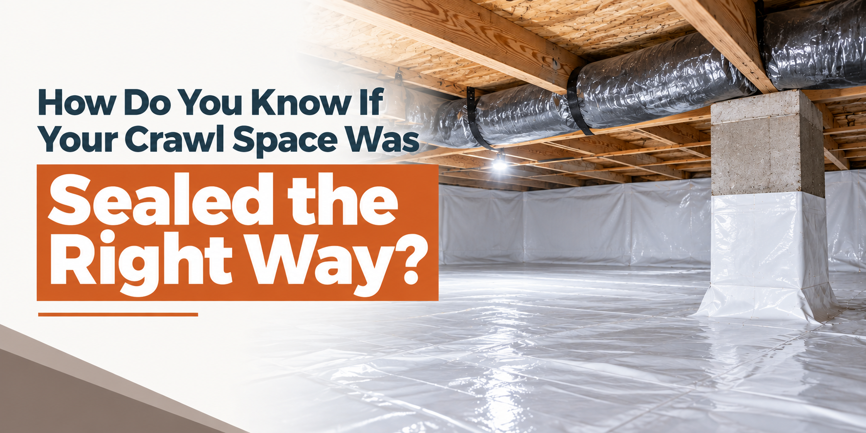 Crawl space with white sealed plastic and text: “How Do You Know If Your Crawl Space Was Sealed the Right Way?”