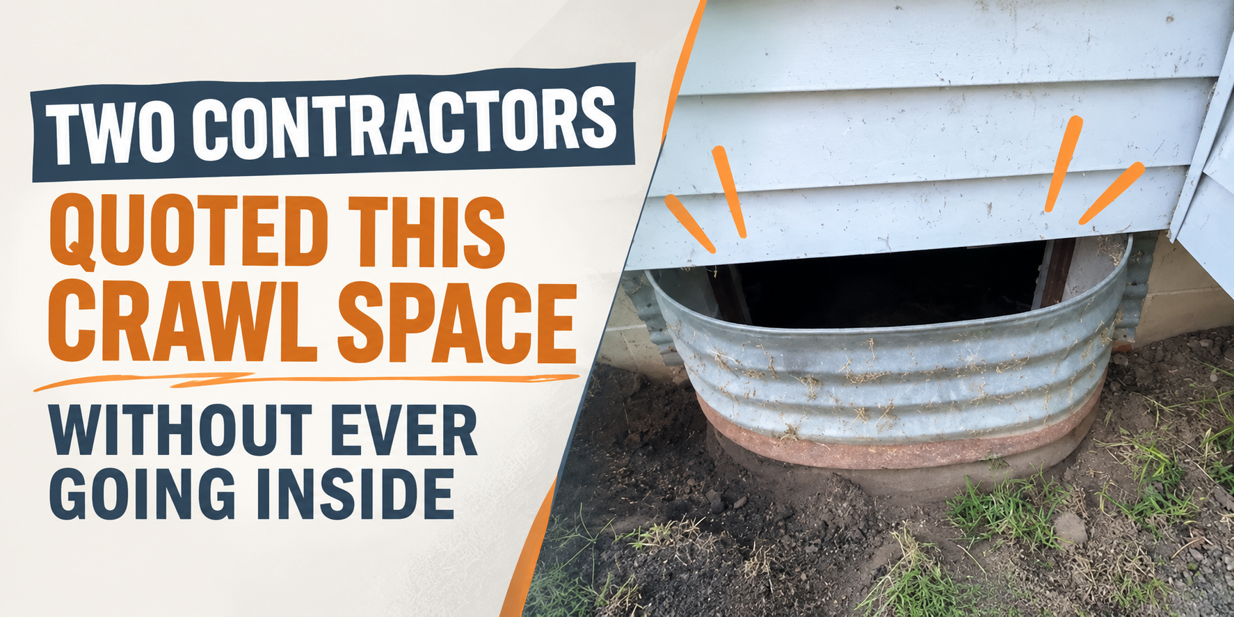 Text over a crawl space vent: “Two contractors quoted this crawl space without ever going inside”