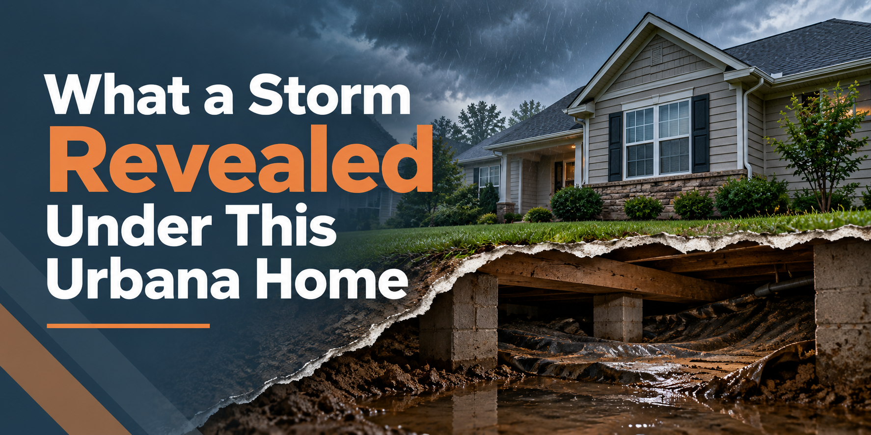 Graphic of a suburban home with a ground collapse beneath it; text reads “What a Storm Revealed Under This Urbana Home”